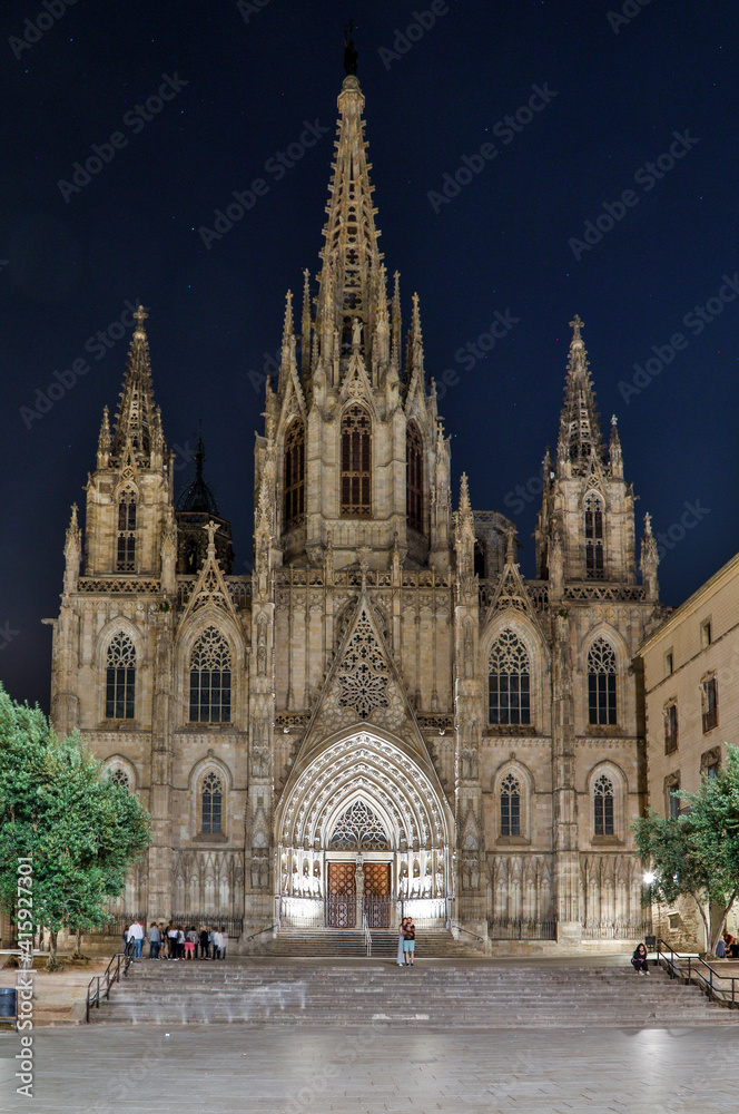 Spain, Barcelona. Cathedral of the Holy Cross and Saint Eulalia at night.