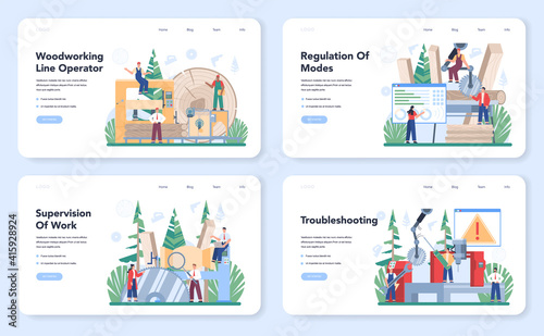 Wood industry web banner or landing page set. Woodworking line operator