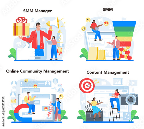 SMM concept set. Social media marketing, advertising of business