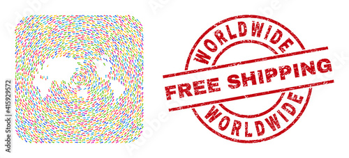 Vector mosaic worldwide map of moving arrows and rubber Free Shipping seal stamp. Collage geographic worldwide map created with bright moving arrows near rounded square hole.