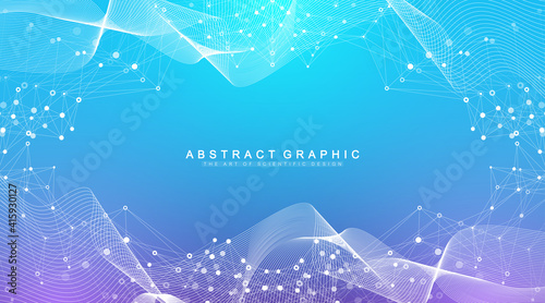 Abstract fiction vector illustration quantum computer technology. Sphere explosion background. Deep learning artificial intelligence. Big data visualization algorithms. Waves flow. Quantum explosion