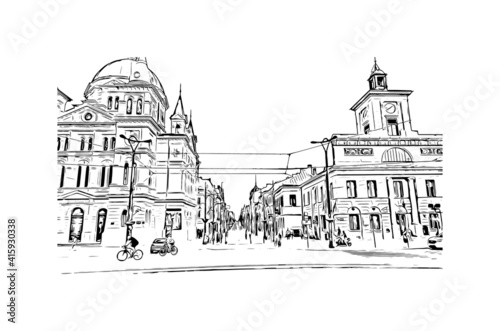 Obraz na płótnie Building view with landmark of Lodz is a city in central Poland. Hand drawn sketch illustration in vector. w salonie