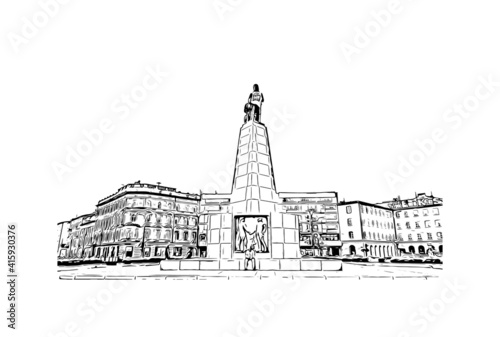 Building view with landmark of Lodz is a city in central Poland. Hand drawn sketch illustration in vector.