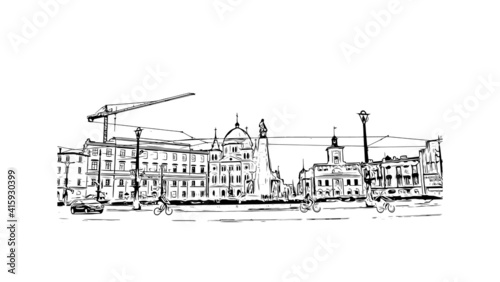 Building view with landmark of Lodz is a city in central Poland. Hand drawn sketch illustration in vector.