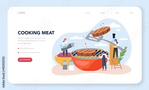 Fast food, burger house web banner or landing page. Chef cook tasty