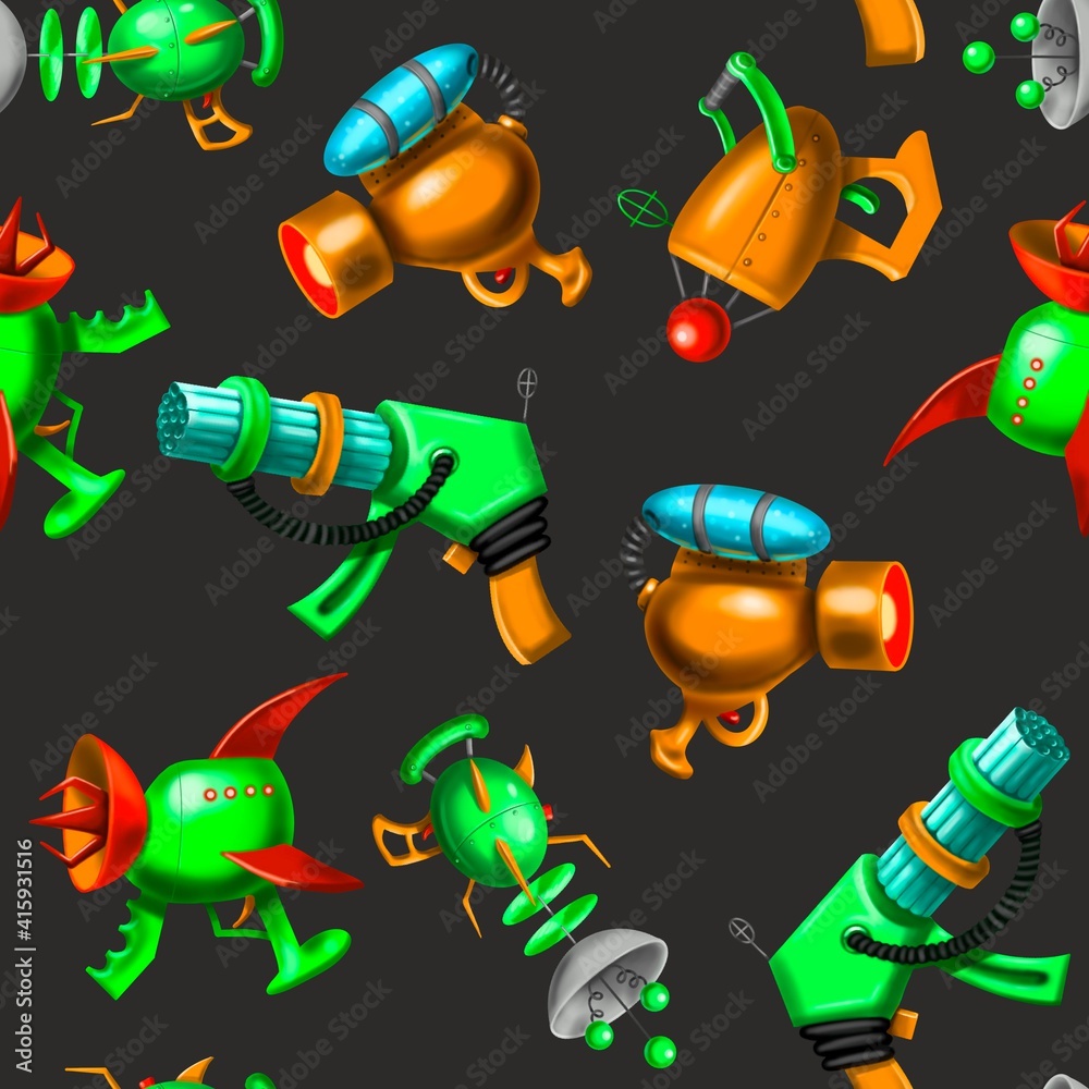 Set of cartoon retro space blasters, beam guns, laser weapons, pattern Set of cartoon retro space blasters, beam guns, laser weapons, pattern