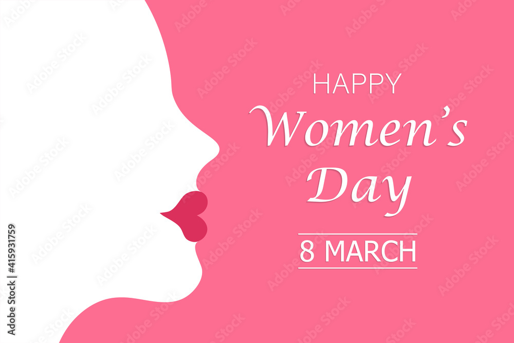 Silhouette of a woman with red lipstick and copy space with text on pink background. Womens day 8 march concept vector illustration