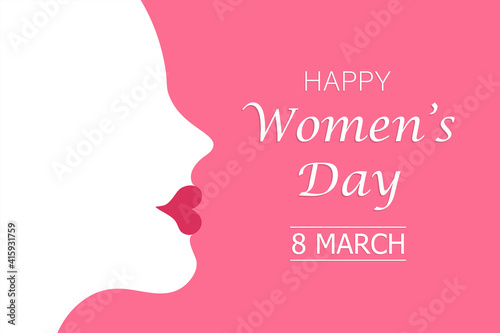 Silhouette of a woman with red lipstick and copy space with text on pink background. Womens day 8 march concept vector illustration © Emilija
