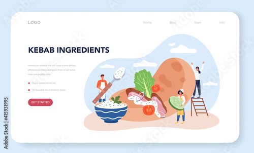 Kebab street food web banner or landing page. Chef cooking delicious roll