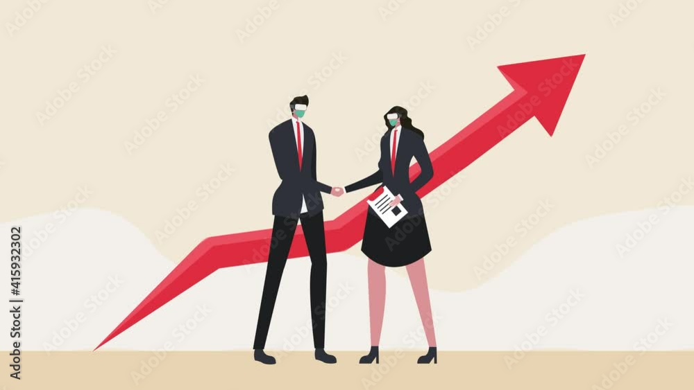 Two business people shake hands near upward arrow Two business people shake hands near upward arrow