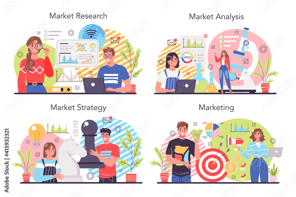 Marketing concept set. Market research and analysis. Company promotion Marketing concept set. Market research and analysis. Company promotion