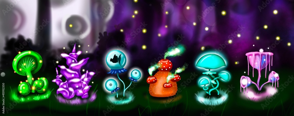 luminescent mushrooms glowing brightly at night. Beautiful fantasy mushrooms set. illustration of magic unusual elements of nature isolated on black background