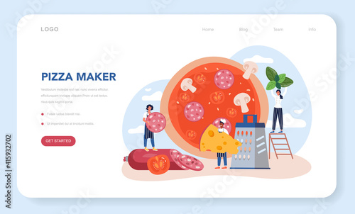 Pizza maker web banner or landing page. Chef cooking tasty delicious pizza.