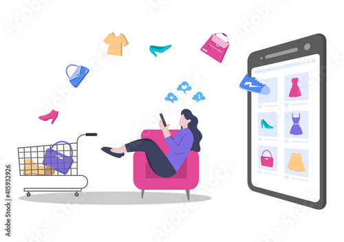A girl Orders From Smartphone Online Shopping Flat Design for Website Landing Page, Marketing Elements, or E-commerce Illustration, Web Banner, and Digital Payment