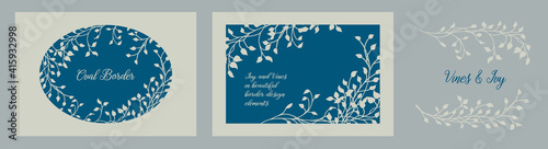 Ivy and vines design elements background vector, set of vine patterns for wedding invitations or floral brochures and templates with elegant leaves and plants in rectangle and circle border layout
