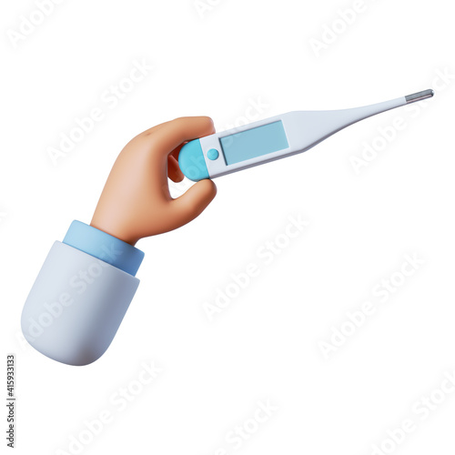 3d render. Icon of cartoon doctor hand holding big thermometer. Clip art isolated on white background. Medical illustration