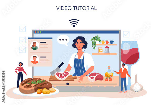 Steak online service or platform. People cooking tasty grilled meat