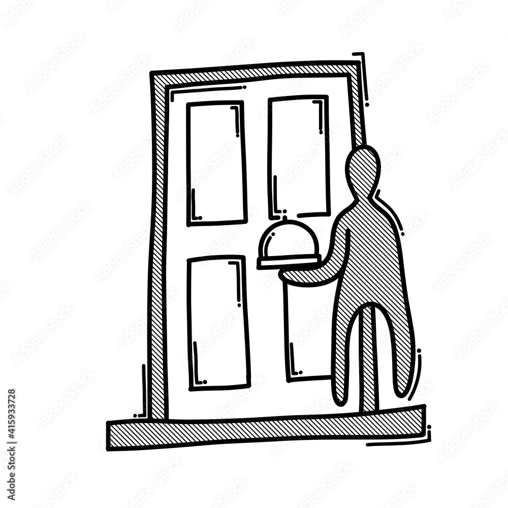 Food delivery at door doodle vector icon. Drawing sketch illustration hand drawn line eps10 Food delivery at door doodle vector icon. Drawing sketch illustration hand drawn line eps10