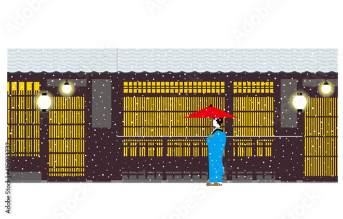 日本の古い町屋の建物と冬と少女