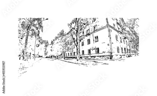 Building view with landmark of Novosibirsk is the
city in Russia. Hand drawn sketch illustration in vector.