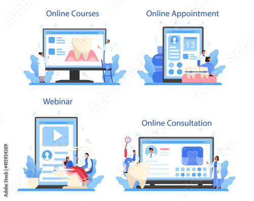 Dentist online service or platform set. Dental doctor in uniform treating