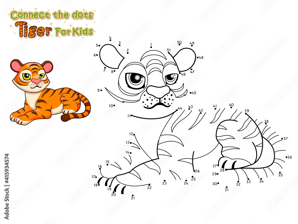 Connect the dots and draw cute cartoon Tiger. Crafts and worksheets for
