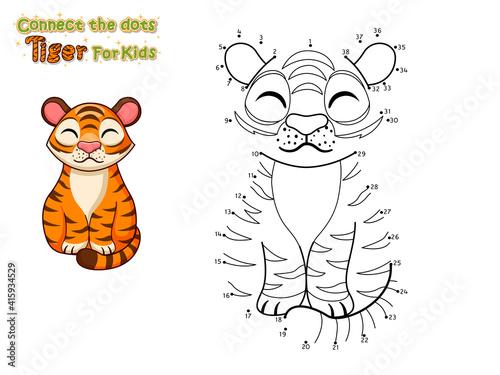 Connect the dots and draw cute cartoon Tiger. Crafts and worksheets for kid. Vector Illustration