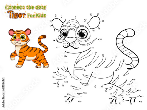 Connect the dots and draw cute cartoon Tiger. Crafts and worksheets for kid. Vector Illustration
