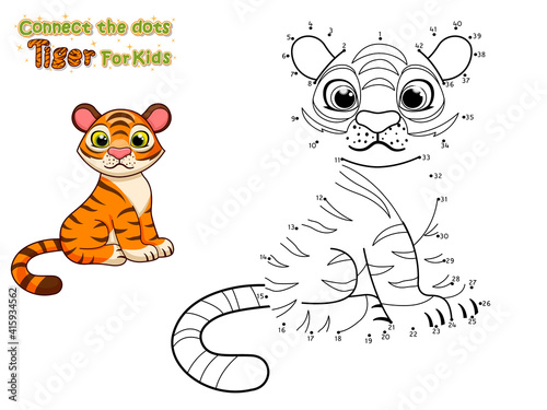 Connect the dots and draw cute cartoon Tiger. Crafts and worksheets for kid. Vector Illustration