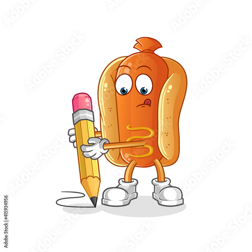 hot dog write with pencil character. cartoon mascot vector