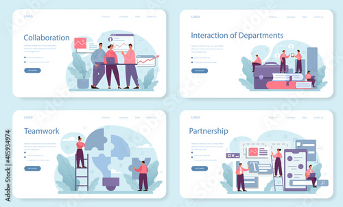Interaction of departments web banner or landing page set. Business teamwork