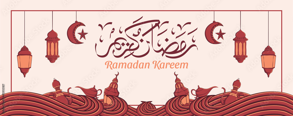 Ramadan kareem banner with hand drawn islamic illustration ornament on white background. Ramadan kareem banner with hand drawn islamic illustration ornament on white background.