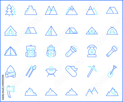 Set of camping and outdoor icons line style. It contains such Icons as travel, destination, compass, backpack, hiking, mountain, tent, compass, knife, bonfire, fire, lamp, forest and other elements.