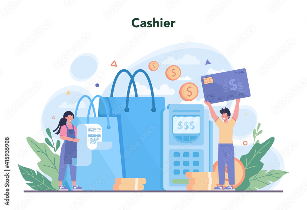 Cashier concept. Worker behind the cashier counter in the supermarket, Cashier concept. Worker behind the cashier counter in the supermarket,