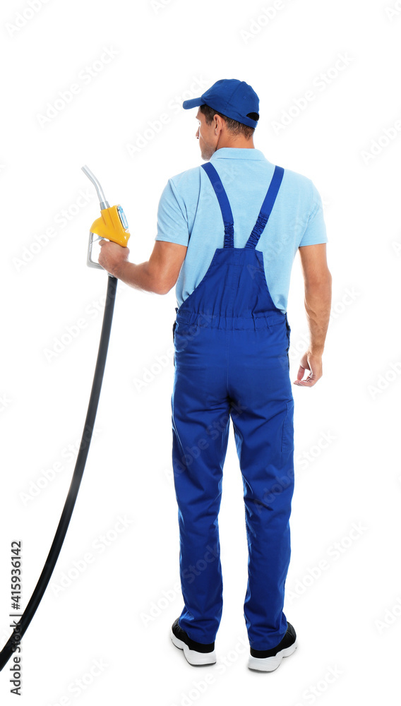 Gas station worker with fuel nozzle on white background, back view Gas station worker with fuel nozzle on white background, back view