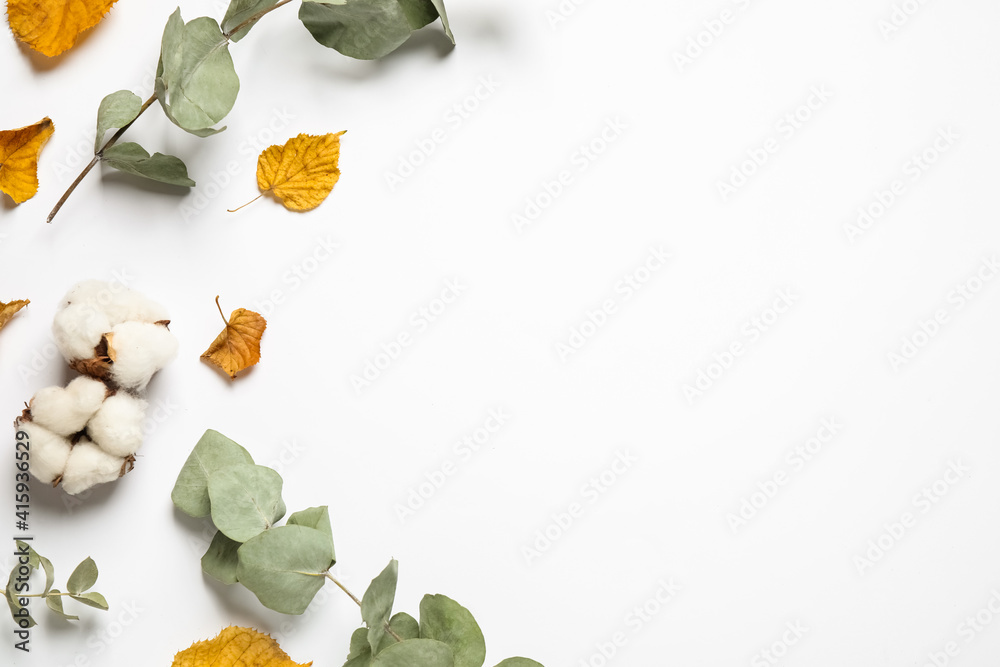 Plakat Flat lay composition with autumn leaves and space for text on white background