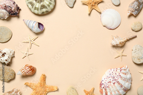 Frame of seashells on light background, flat lay. Space for text