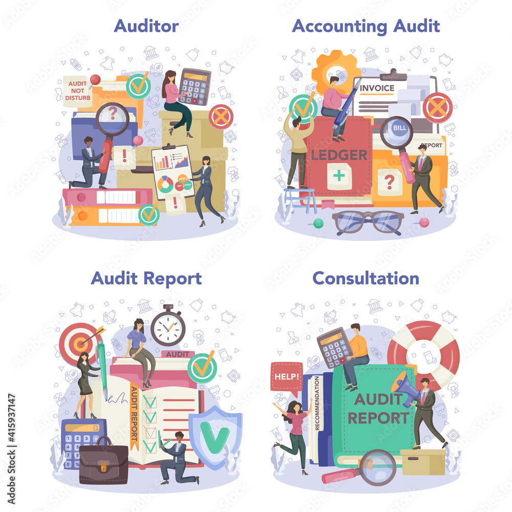Auditor concept set. Business operation research and analysis.