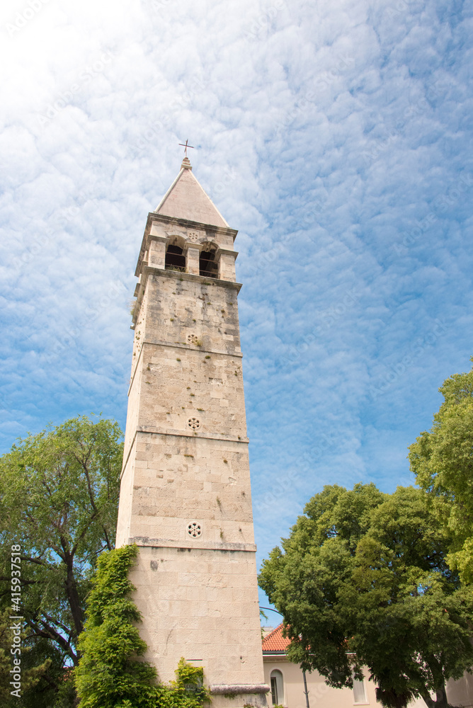 Croatia, Split. Belltower outside Golden Gate Diocletian Palace in Giardin Park.
