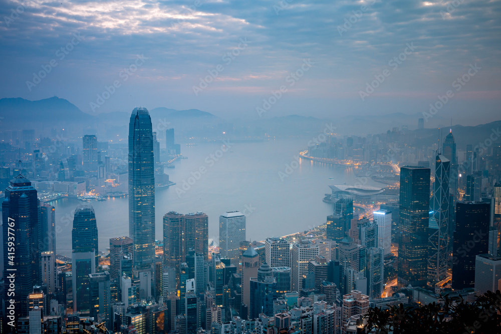 Naklejka premium Hong Kong City View at the morning; From Victoria Peak