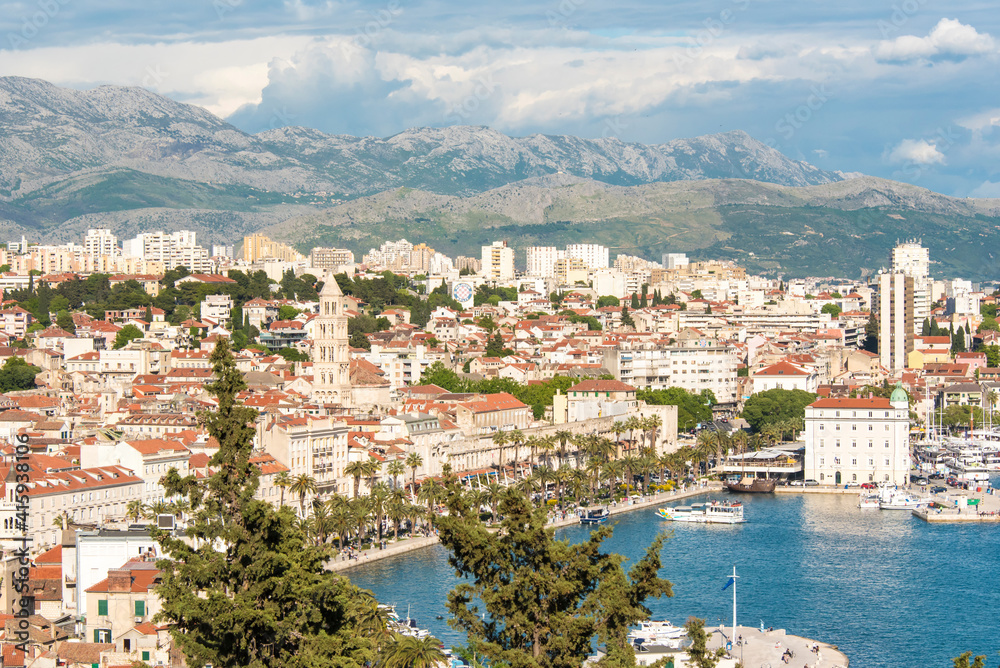 Croatia, Split. View from Marjan Hill to Old Town Split, Riva, harbor, Diocletian Palace, Dinaric Alps.