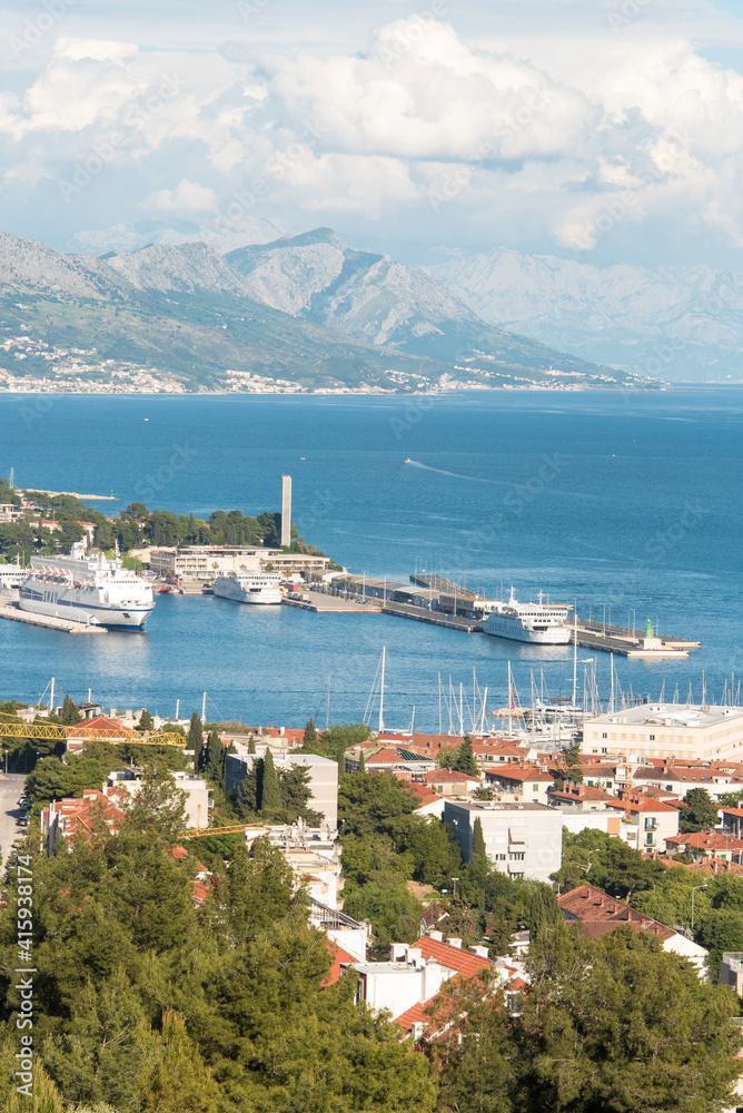 Croatia, Split. View from Marjan Hill to Veli Varos, Split, City Harbor, Dinaric Alps.