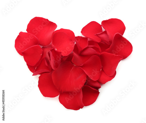 Heart made with red rose petals on white background, top view