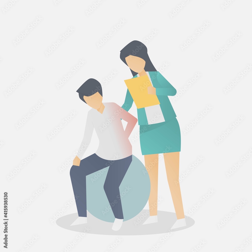 Man with back pain symptoms,Backache from working,Visit doctor for check at hospital,Doctor consulting with patient about back problem,Physical therapy concept,Vector illustration. Man with back pain symptoms,Backache from working,Visit doctor for check at hospital,Doctor consulting with patient about back problem,Physical therapy concept,Vector illustration.
