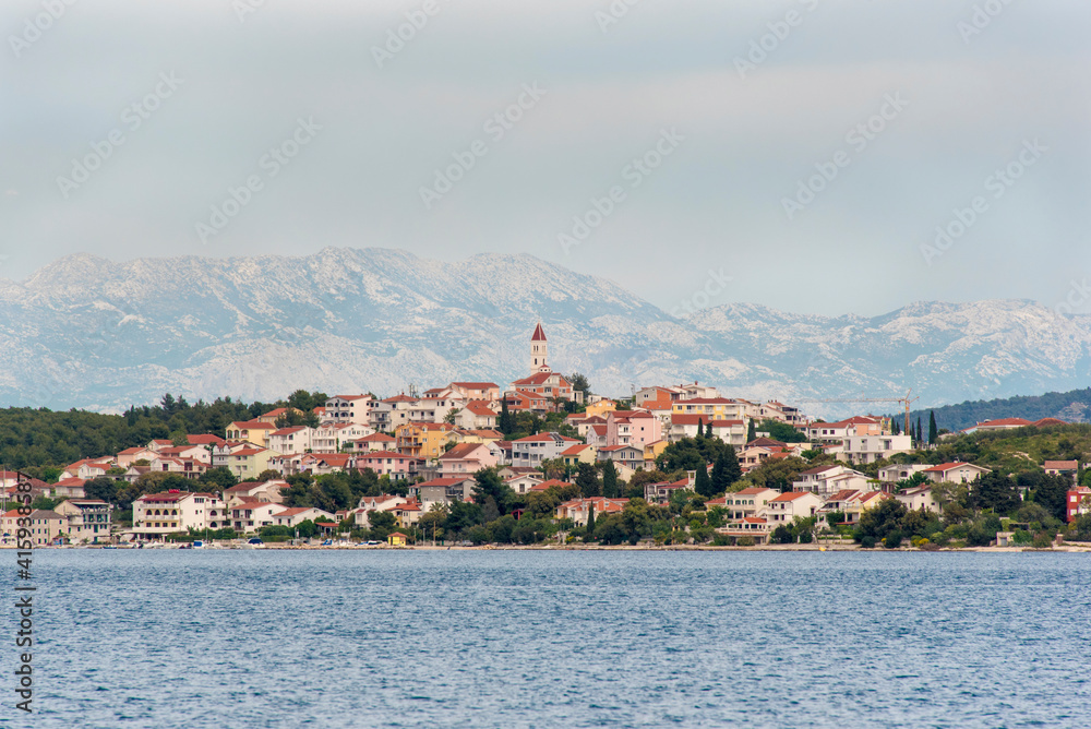 Croatia. Seget Vranjica on Dalmatian Coast near Trogir. Dinaric Alps behind.