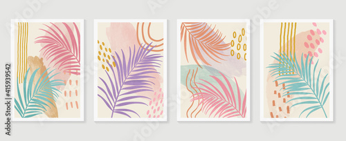 summer tropical wall arts vector. Palm leaves, coconut leaf, monstera leaf, line arts, Botanical  background design for wall framed prints, canvas prints, poster, home decor, cover, wallpaper.