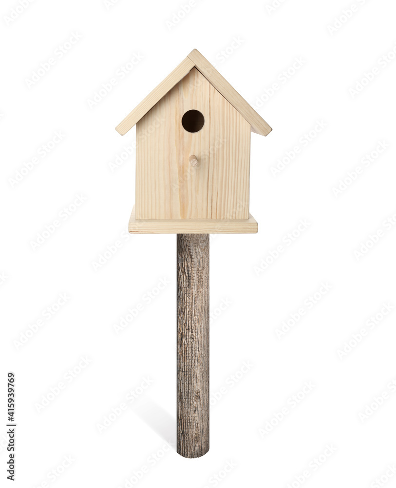 Beautiful wooden bird box isolated on white