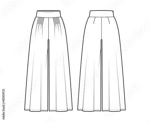 Pants gaucho technical fashion illustration with low waist, rise, pleated, ankle cropped length, seam pockets. Flat trousers bottom apparel template back, white color. Women, men, unisex CAD mockup