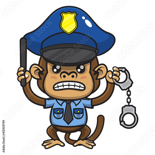 Angry Little Monkey cartoon characters wearing policeman uniform and policeman hat, carrying baton and handcuffs, get ready to catching a criminal, best for mascot of law education for children