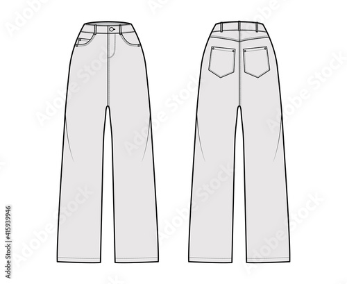 Baggy Jeans Denim pants technical fashion illustration with normal waist, high rise, 5 pockets, Rivets, belt loops. Flat bottom template front, back, grey color style. Women, men, unisex CAD mockup